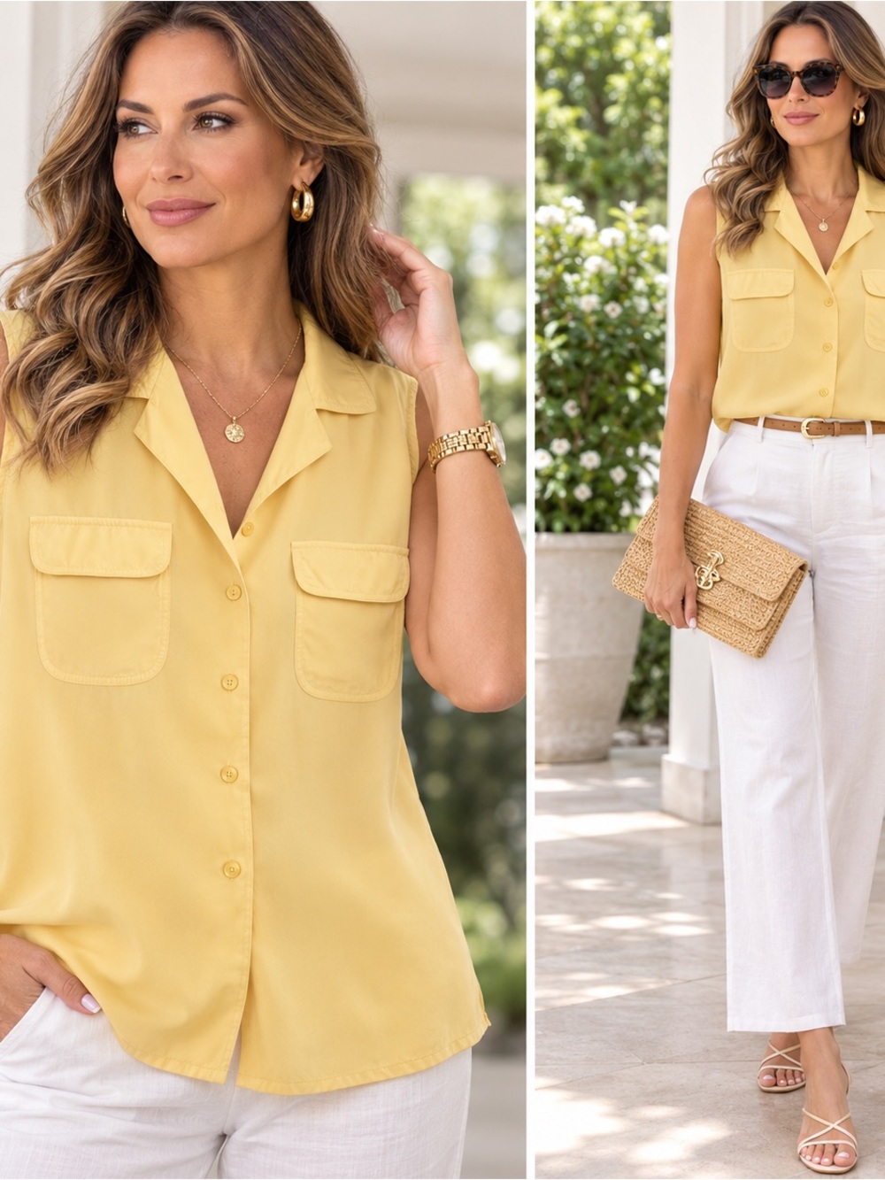 Vintage City Silk 100% Silk Sleeveless Button Front Blouse Butter Yellow Y2K